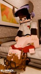 1boy 1girls 3d beltomnsfw blender blue_eyes blush breasts brown_hair clothed clothed_female clothed_sex detailed_background elli_(beltomnsfw) female glasses headwear holding_legs horn horns male microsoft mine-imator minecraft minecraft_xxx moustache partially_clothed partially_nude small_breasts straight thighs