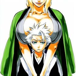 accurate_art_style accurate_body_type accurate_proportions ai_generated big_breasts bleach crossover head_on_breasts hitsugaya_toushirou huge_breasts manga_style naruto naruto_(series) tite_kubo_style tsunade