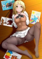 1girls ass_visible_through_thighs bang_dream! bang_dream!_girls_band_party! black_bowtie black_pantyhose blonde_hair bowtie breasts brown_sweater brown_sweater_vest buttoned_shirt clothed clothing crotch_seam diagonal_bangs drawing_(object) ears eyebrows_visible_through_hair female female_focus female_only floor from_above from_above_view full_body hand_drawn_art hand_on_chest knees_apart_feet_together knees_up lace-trimmed_panties large_breasts laying laying_down laying_on_floor long_hair long_sleeves looking_up miniskirt panties panties_under_pantyhose pantyhose paper pen pleated_skirt portrait red_panties red_thong red_thong_panties red_underwear see-through see-through_pantyhose shadow shirt skirt smile solo solo_female spread_legs straight_hair sweater sweater_lift swept_bangs thighs thong thong_panties thong_under_pantyhose tsurumaki_kokoro underwear very_high_resolution vest viewed_from_above white_shirt white_skirt wooden_floor yellow_eyes zel-sama