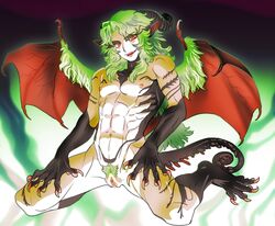 1boy claws cuntboy demon_boy fangs green_hair hair intersex isaki kneeling long_hair monster nipples original pubic_hair pussy red_eyes slit_pupils white_skin wings