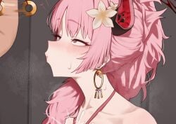 1girl bare_shoulders black_horns blue_archive blush coin coin_on_string collarbone commentary_request cropped earrings english_commentary flower hair_flower hair_ornament halo highres holed_coin hoop_earrings horns hypnosis jewelry long_hair mind_control mixed-language_commentary multicolored_horns paid_reward_available pendulum pink_hair red_halo red_horns satsuki_(blue_archive) satsuki_(swimsuit)_(blue_archive) solo_focus two-tone_horns yellow_eyes yellow_flower yzr_(yzr99)
