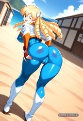 1990s 1girl ai_assisted ai_generated back_view beach big_breasts blonde_hair blue_bodysuit bodysuit bouncing_breasts brown_eyes building camel_toe cropped_jacket curvy dutch_angle dynamic_angle erect_nipples fingerless_gloves full_body gloves grabbing_butt happy hip_focus jacket long_hair looking_at_viewer looking_back looking_behind motion_lines open_mouth ringlets shiny_skin smile spanking_butt standing toned_body underbutt wide_hip