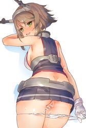 ass bare_shoulders blush breasts brown_hair censored female from_behind gloves green_eyes hairband headgear kantai_collection looking_at_viewer looking_back mutsu_(kantai_collection) panties panty_pull pussy pussy_juice short_hair skirt smile solo sweat tetsujin_momoko underwear white_panties