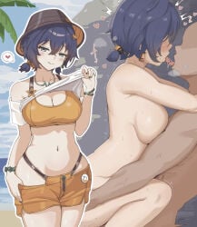 1boy 1girl ball beach belle_(summer_skies)_(zenless_zone_zero) belle_(zenless_zone_zero) bikini black_nails blue_sky breasts bucket_hat cleavage clothes_lift completely_nude french_kiss green_eyes hat hetero highres kiss nail_polish navel nude official_alternate_costume orange_bikini orange_shorts outdoors palm_tree presenting_own_body sex shirt shirt_lift short_hair shorts sky smile stomach straddling swimsuit tree treetree_5200 upright_straddle white_shirt zenless_zone_zero