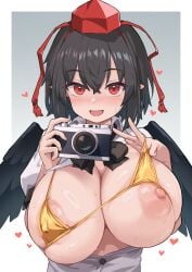 blush gold_bikini huge_breasts large_breasts looking_at_viewer nipples shameimaru_aya shiratsuki_shiori short_hair touhou