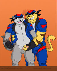 2013 anthro balls bulge chance_furlong clothing cosplay duo erection feline fur furry furry_only handjob humanoid_penis male mammal muscular mutual_masturbation navel nipples no_humans nude open_clothes open_shirt penis raccoon rthur sex shirt stripes swat_kats t-bone uncut yaoi