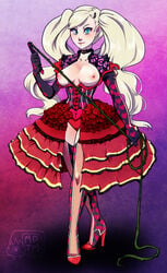 1girls ann_takamaki blonde_hair blue_eyes breasts breasts_out carmen_(megami_tensei) carmen_(megami_tensei)_(cosplay) chastity chastity_belt chastity_device choker corset cosplay dress female female_chastity female_only full_body hairclip heart heart_print high_heel_boots high_heels keyhole literature looking_at_viewer megami_tensei my_pet_tentacle_monster nipples open_clothes open_skirt persona persona_5 public_domain showgirl_skirt smooth_skin solo thigh_boots thighhighs thorns tied_hair twintails whip