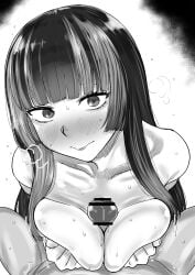 1boy 1girl absurdres bar_censor blunt_bangs blush breasts breasts_squeezed_together censored closed_mouth collarbone commentary_request completely_nude eyelashes greyscale highres hololive hololive_dev_is juufuutei_raden kaiman_garupan large_breasts long_hair looking_at_viewer monochrome multicolored_hair nude paizuri penis pov pov_crotch solo_focus steaming_body streaked_hair sweat two-tone_hair very_sweaty virtual_youtuber