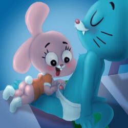 1:1 age_difference anais_watterson anthro bed blush bottomwear buckteeth butt cartoon_network clothed clothing duo erection eyelashes eyes_closed female footwear fur genitals gumball_watterson half_nude hi_res incest legwear lying male male/female mostly_nude mousetache on_front open_mouth penis shirt sitting size_difference smile socks teeth the_amazing_world_of_gumball tongue underwear undressing vulva whiskers young young_anthro