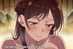 1girl ai ai_art ai_generated bare_shoulders bathing blush braid brown_eyes brown_hair closed_mouth collarbone half-closed_eyes ichinose_chizuru kanojo_okarishimasu lips long_hair looking_down nude onsen portrait rock solo steam sweat water wet wooden_wall