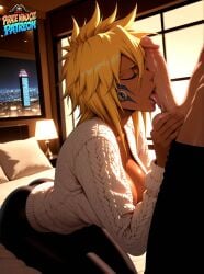 1boy 1boy1girl 1girls ai_generated big_breasts bleach blonde_hair blowjob breasts closed_eyes dark-skinned_female dark-skinned_male dark_skin dick duo fellatio female green_eyes hotel_room large_breasts licking_penis male penis pirate_cat tier_harribel tongue tongue_out