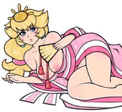 1girls alternate_costume antiheld bare_shoulders blonde_hair blush breasts breasts_out fan female female_only hair_ornament headwear human kimono lying mario_(series) nintendo nipples off_shoulder on_side princess_peach simple_background solo tabletorgy white_background