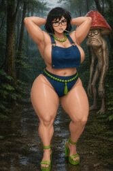 ai_generated big_breasts glasses hands_behind_head looking_at_viewer medium_hair mushroom_humanoid outdoors platform_heels prayer_beads sideboob skimpy_clothes smoking thick_thighs wide_hips woods