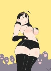 1girl 1girls :o ahoge akisas99 background big_boobs big_breasts bikini bikini_bottom bikini_only bikini_top black_bikini black_bikini_bottom black_bikini_top black_legwear black_shorts black_stockings black_swimsuit black_swimwear black_thigh_highs black_thighhighs breasts brown-eyed_female brown-haired_female brown_eyebrows brown_eyes brown_hair busty busty_female busty_girl character_in_background curvaceous curvaceous_body curvaceous_female curvaceous_figure curvaceous_hips curvy curvy_body curvy_female curvy_figure curvy_hips eye_closed halterneck large_boobs large_breasts lean_figure legs_closed legs_together legwear monotone_background narrow_waist oc one-eye_closed one_color_background one_eye_closed one_eye_open open_mouth original original_art original_artwork original_character original_female_character parted_lips people_in_background person_in_background plain_background shorts side-tie_bikini skindentation slender_body slender_waist slim_female slim_waist solid_color_background stockings string_bikini swimsuit swimwear thigh_highs thighhighs thighs_together yellow_background