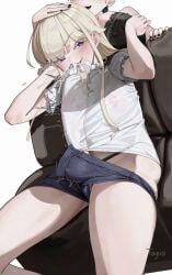 autofellatio autopaizuri big_breasts blonde_hair bulge clothed cum cum_in_mouth enid_(tagua) erection erection_under_clothes futanari heart-shaped_pupils huge_cock jean_shorts oral original original_character tagua
