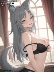 ai_generated black_bra black_panties blush colox76 fox fox_ears fox_girl fox_tail gray_eyes gray_hair medium_breasts mushoku_tensei mushoku_tensei:_isekai_ittara_honki_dasu nipples seductive seductive_look seductive_smile undressing