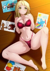 1girls ass_visible_through_thighs bang_dream! bang_dream!_girls_band_party! bare_shoulders barefoot belly blonde_hair bow_bra bow_panties bra breasts cleavage collarbone crotch_seam diagonal_bangs drawing_(object) ears eyebrows_visible_through_hair female female_focus female_only floor floral_pattern from_above from_above_view full_body groin hand_drawn_art hand_on_chest high_waisted_panties high_waisted_thong knees_apart_feet_together knees_up lace-trimmed_bra lace-trimmed_panties lace_bra large_breasts laying laying_down laying_on_floor long_hair looking_up navel panties paper pen portrait red_bra red_panties red_thong red_thong_panties red_underwear shadow skindentation smile solo solo_female spread_legs straight_hair string_panties swept_bangs thighs thong thong_panties tsurumaki_kokoro underwear underwear_only very_high_resolution viewed_from_above wooden_floor yellow_eyes zel-sama