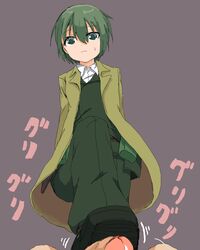 androgynous artist_request belt boot bottomwear clothed_female_nude_male clothing coat dress_shirt female footjob green_eyes green_hair human kino kino_no_tabi male outerwear penis pouch short_hair simple_background straight suit sweat tomboy topwear uncensored