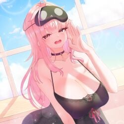 1girl aki_sakura bare_shoulders black_choker black_dress black_mask blue_sky blush breasts choker cleavage cloud cloudy_sky collarbone commentary day dress english_commentary hololive hololive_english huge_breasts indoors long_hair looking_at_viewer mask mask_on_head mori_calliope mori_calliope_(sleepwear) open_mouth pink_eyes pink_hair sky sleep_mask smile solo teeth upper_teeth_only virtual_youtuber window