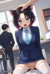 1girl ai_assisted ai_generated black_hair blue_eyes cat_ears chair cock_in_pussy collar collarbone computer cowboy_shot creampie deepthroat desk dragon_maid dutch_angle dynamic_pose eating formal glasses gradient_hair group_sex hamburger indoors inside kneeling library looking_at_viewer moaning multicolored_hair necktie office office_lady parted_bangs ponytail pussy_sex saliva shaking short_hair side_view sitting slit_pupils source_anime spread_legs suit white_stockings