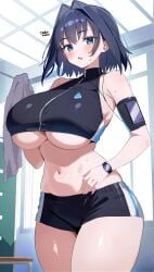 breasts hololive hololive_english o-rindou5100 ouro_kronii virtual_youtuber vtuber workout workout_clothes workout_clothing