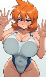 1girl against_fourth_wall against_glass ai_generated aqua_eyes bare_shoulders blue_eyes blue_one-piece_swimsuit blue_swimsuit blush breast_press breasts breasts_on_glass bursting_breasts busty clavicle cleavage closed_mouth clothing competition_swimsuit covered_navel curvaceous eyebrows female female_only glass groin hair_between_eyes hands_up highleg highleg_swimsuit huge_breasts impossible_clothes impossible_swimsuit kasumi_(pokemon) large_breasts looking_at_viewer medium_hair misty_(pokemon_hgss) multicolored multicolored_clothes multicolored_swimsuit navel one-piece_swimsuit orange_hair pokemon pouting short_hair sideboob skindentation solo sportswear swimsuit tank_suit taut_clothes thick_thighs thighs two-tone_swimsuit v-shaped_eyebrows white_one-piece_swimsuit white_swimsuit wide_hips