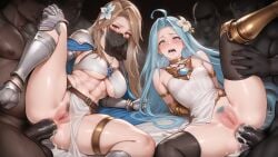 2boy 2girls ahoge ai_generated anal anal_sex armor bangs blue blue_eyes blue_hair blush braided_bun breast_grab breasts brown_eyes brown_hair clothed clothed_female_nude_male clothed_sex cum_filled_ass dark-skinned_male female floating_hair forced_anal grabbing granblue_fantasy grey_background hair_intakes hair_ornament highres interracial interracial_anal katalina_aryze knight knight_armor leg_grab long_hair lyria_(granblue_fantasy) male navel nipples nude pale-skinned_female pussy sex shiny shiny_hair small_breasts standing standing_on_one_leg straight uncensored very_long_hair