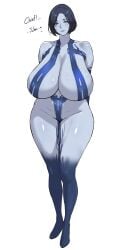 arms_behind_back belly black_hair blue_eyes breasts cortana curvy female female_only gigantic_breasts halo_(series) huge_breasts light_smile looking_at_viewer massive_breasts navel short_hair simple_background thick thick_thighs white_background wide_hips yui.h