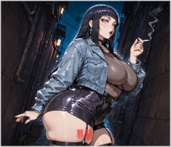 1girl 1girls adoptable ai ai_assisted ai_generated alley alleyway big_ass big_breasts big_butt big_thighs black_lips black_lipstick cigarette cigarette_in_mouth curvy curvy_figure dark_hair dark_hair_female denim denim_clothing denim_jacket deviantart empty_eyes fishnet fishnet_clothing fishnet_topwear fishnets goth goth_girl goth_makeup gothic gothic_girl high_resolution highres hyuuga_hinata large_breasts large_thighs long_hair looking_at_viewer makeup naruto naruto:_the_last naruto_(series) naruto_shippuden no_pupils outdoors patreon posing posing_for_the_viewer shorts smoke smoking smoking_cigarette smoking_fetish thick_thighs thighhighs thighs voluptuous voluptuous_female voluptuous_milf yametastudio