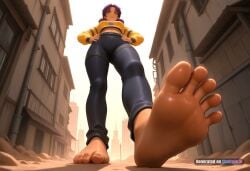 1girl ai_assisted ai_generated barefeet belt big_feet black_pants dark_skin dirty_feet from_below full_body green_eyes hands_on_hips konoko long_sleeves long_toes looking_at_viewer navel presenting_foot purple_hair sole_focus standing standing_on_one_leg stinky_feet sweaty_feet twintails yellow_jacket