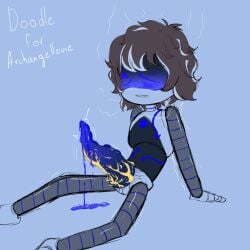 big_penis blue_cum blue_eyes blush body_markings brown_hair crying cum excessive_cum excessive_precum glowing_genitalia glowing_penis grey_hair horny huge_cock hybrid in_heat in_pain murder_drones oc pachinsfw pain precum robot robot_boy struggling tentacle tentacle_penis