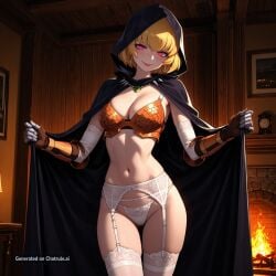 1girl 2d 4k 8k ai_assisted ai_generated alluring anime_style athletic attractive attractive_woman bare_midriff beautiful bedroom_setting big_booty blonde_hair blush breasts cinematic_lighting clean_lineart cleavage clementine_(overlord) close_up collarbone confident dark dark_lighting defined_jawline depth_of_field detailed_background detailed_face detailed_skin digital_illustration dim_lighting elegant erotic eye_makeup eyelashes pink_eyes short_hair