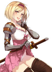 armor blonde_hair blush boots breasts brown_eyes cum cum_in_mouth cum_on_tongue djeeta_(granblue_fantasy) dress female gauntlets gloves granblue_fantasy hairband heart heart-shaped_pupils highres looking_at_viewer open_mouth panties realmbw short_hair simple_background skirt skirt_lift smile solo sword symbol-shaped_pupils thigh_boots thighhighs tongue tongue_out underwear weapon white_background white_panties