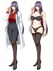 black_skirt bra business_casual doctor glasses hair high_heels labcoat looking_at_viewer midi_skirt on_off panties pencil_skirt purple skirt skirt_suit thighhighs tight_skirt underwear