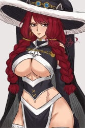 1girl absurdres artist_name black_cape black_gloves black_hat braid breasts cape cleavage commentary curvy earrings elbow_gloves english_commentary fairy_tail gloves hat highres impossible_clothes irene_belserion jewelry large_breasts lips long_hair looking_at_viewer mixed-language_commentary multiple_braids navel pelvic_curtain red_eyes red_hair revealing_clothes scar scar_on_stomach solo thick_thighs thighhighs thighs white_background witch_hat