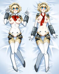 aegis_(persona) aigis_(persona) android areolae blonde_hair blue_eyes blush bowtie breasts breasts_out dakimakura female looking_at_viewer lying nipples nopeavi on_back parted_lips persona persona_3 pussy robot_joints short_hair solo torn_clothes undone