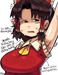 armpits arms_up artist_signature degradation degradation_text digothegoat reimu_hakurei shy sweat sweatdrop touhou