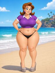 ai_generated beach big_breasts bikini casual_exposure earrings heels looking_at_viewer milf motherly_figure nipple_bulge no_bra outdoors skimpy_clothes standing thick_thighs wide_hips