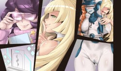 1girls 2boys 3girls alien alien_girl aphrodisiac black_hair blonde_hair blue_body blue_eyes blue_nipples blue_pussy blue_skin blue_tongue blush bodysuit comic elio_(pokemon) female forced_partners forced_sex glasses green_eyes green_hair hat hau_(pokemon) horny horny_female indoors laboratory lusamine_(pokemon) mind_control mmf_threesome nihilego nintendo no_text_version orange_hair orange_pupils panels petite petite_body pokemon pokemon_sm pokemon_usm ponytail purple_hair short_hair small_breasts standing threesome tied_hair torn_bodysuit ultra_recon_squad very_long_hair wet wet_pussy wicke_(pokemon) zossie_(pokemon)