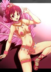 1girls aida_mana carnival choker dokidoki!_precure feathers female jewelry necklace no_panties open_mouth pasties pink_hair precure pretty_cure red_eyes samba sandals small_breasts solo wss