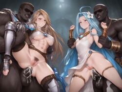 2boy 2girls ahoge ai_generated anal anal_sex armor bangs blue blue_eyes blue_hair blush braided_bun breast_grab breasts brown_eyes brown_hair clothed clothed_female_nude_male clothed_sex cum_filled_ass dark-skinned_male female floating_hair forced_anal grabbing granblue_fantasy grey_background hair_intakes hair_ornament highres interracial interracial_anal katalina_aryze knight knight_armor leg_grab long_hair lyria_(granblue_fantasy) male navel nipples nude pale-skinned_female pussy sex shiny shiny_hair small_breasts standing standing_on_one_leg straight uncensored very_long_hair