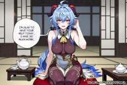1girl adjusting_hair ai_assisted ai_generated english_text fatest_squirrel ganyu_(genshin_impact) genshin_impact light_smile looking_at_viewer low_ponytail medium_breasts open_mouth seiza