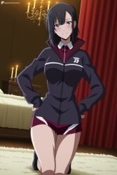 1girl ai_generated bed black_hair black_jacket blush breasts closed_mouth curtains digitalwaifugallery hands_on_own_hips hanebado! hi_res high_quality high_resolution indoors jacket kneeling large_breasts looking_at_viewer patreon purple_eyes red_shorts seductive sexy shiwahime_yuika short_hair shorts smile solo uncensored watermark