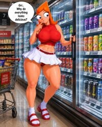 ai_generated candace_flynn dialogue_bubble drinks miniskirt nipple_bulge no_bra phineas_and_ferb tanned_skin upskirt