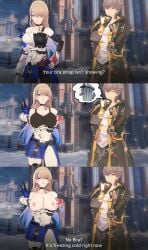 1_girl 1boy 1boy1girl 1girls 3d belly_tattoo belt big_boobs big_breasts black_stocking blonde_hair blue_highlights bra_strap bra_strap_is_showing_(meme) caelus_(honkai:_star_rail) choker cleavage detached_sleeves earrings erect_nipples erection exposed_breasts gloves highlights_hairs honkai:_star_rail koikatsu koikatsu_(medium) light_skin lipstick male meme mini_skirt nipples no_bra open_bra panties pantyhose public public_nudity public_perverts serval_landau smug snow squeezing_breasts_together stockings strap_bra straps tattoo trash_can