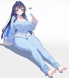 breasts hololive hololive_english o-rindou5100 ouro_kronii pajamas popsicle virtual_youtuber vtuber