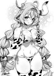 1girl animal_ears animal_print bell bikini blush braid breasts commentary_request cow_ears cow_girl cow_horns cow_print cow_print_bikini cow_print_thighhighs cow_tail cowbell genshin_impact greyscale hand_on_own_chest headband highres horns looking_at_viewer monochrome motsutoko nipples panties print_bikini print_thighhighs swimsuit tail thighhighs twin_braids underwear varesa_(genshin_impact)