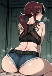 1boy 1girl ai_generated arm_tattoo ass back back_tattoo bare_shoulders belt black_lagoon black_tank_top blue_shorts blush breasts brown_eyes brown_hair buttjob clothed_female_nude_male clothed_sex clothing crop_top cutoffs denim denim_shorts female from_behind girl_on_top half-closed_eyes hetero holster implied_sex indoors long_hair looking_at_viewer looking_back male micro_shorts midriff muscular nude nyanclaire open_mouth parted_lips ponytail reverse_cowgirl_position revy revy_(black_lagoon) sex sex_from_behind short_shorts shorts shoulder_holster shoulder_tattoo sidelocks sitting sitting_on_person solo_focus steaming_body straddling sweat tank_top tattoo