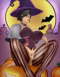 alternate_costume bat bayonetta bayonetta_(character) bayonetta_2 black_hair breasts choker cleavage corset female glasses glowing_eyes halloween halloween_costume jack-o'-lantern knees_up looking_at_viewer moon pubic_hair pumpkin pussy sitting spread_legs striped striped_legwear superboin thighhighs uncensored witch_hat