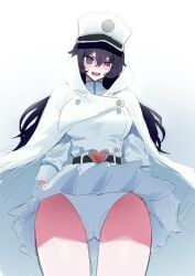 1girl absurdres bambietta_basterbine belt black_belt bleach bleach:_sennen_kessen-hen blush breasts buckle commentary embarrassed hair_between_eyes hat heart heart-shaped_buckle highres jacket korean_commentary large_breasts long_hair looking_at_viewer military_jacket panties pantyshot peaked_cap pleated_skirt purple_eyes purple_hair skirt thighs underwear upskirt very_long_hair white_background white_hat white_jacket white_panties white_skirt